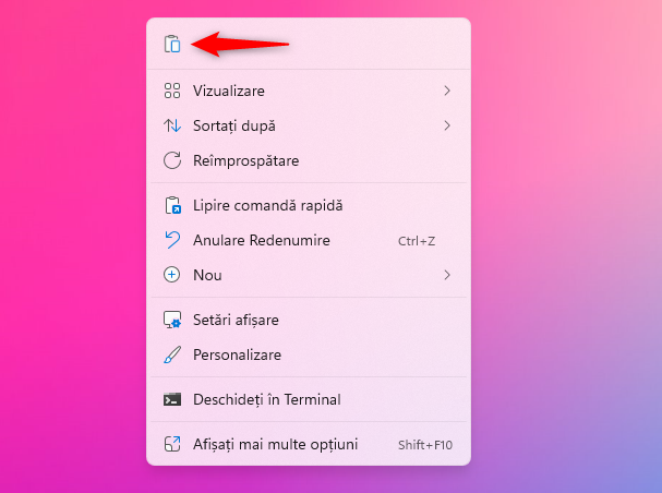 ScurtÄƒtura Lipire Ã®n meniul clic dreapta din Windows 11