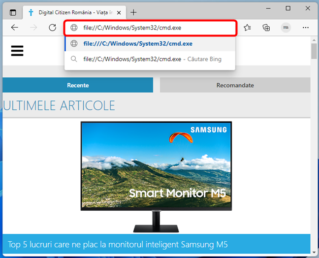 Adresa URL pentru Linia de comandÄƒ Ã®n Microsoft Edge