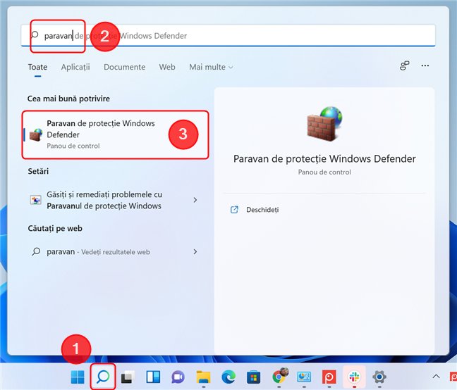 Deschide Paravanul de protecÈ›ie Windows Defender cu funcÈ›ia CÄƒutare Ã®n Windows 11