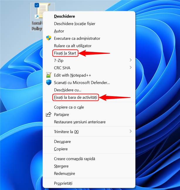 Opțiunile de fixare din meniul clasic clic dreapta din Windows 11