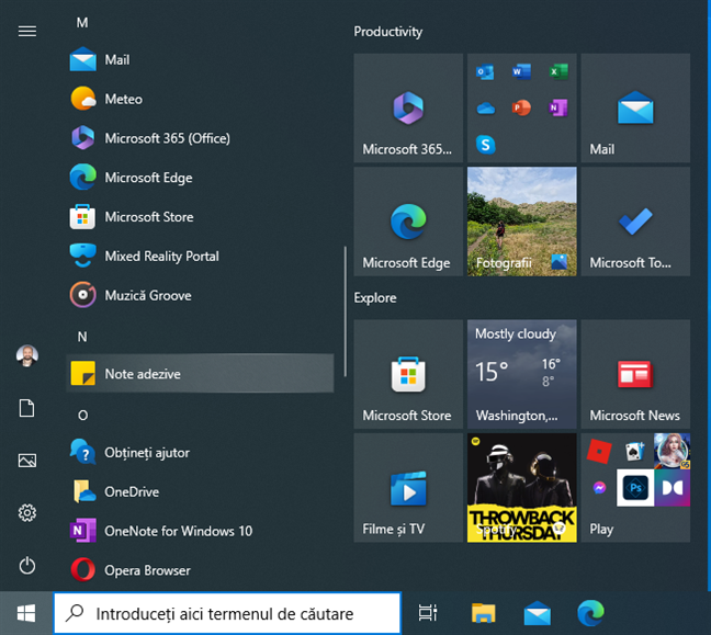 ScurtÄƒtura Note adezive Ã®n Meniul Start din Windows 10