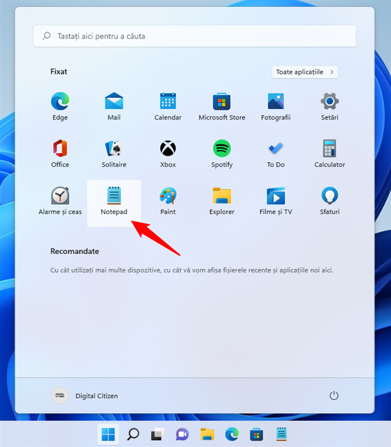 ScurtÄƒtura Notepad fixatÄƒ la Meniul Start din Windows 11