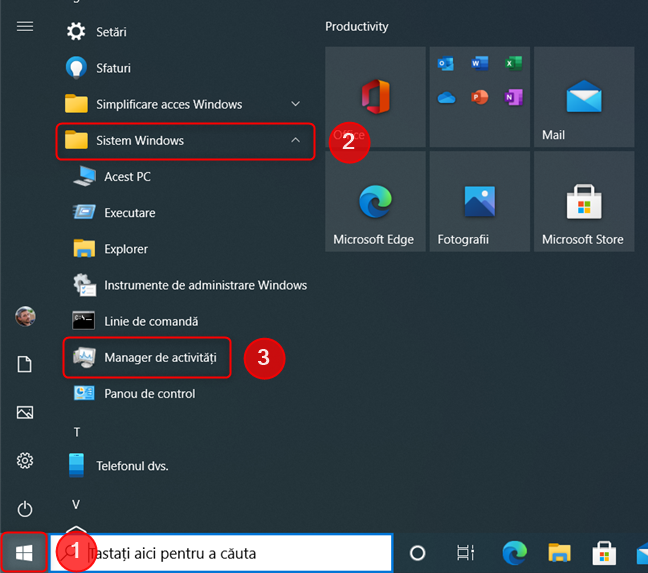 Comanda rapidÄƒ pentru Managerul de activitÄƒÈ›i din Meniul Start Windows 10