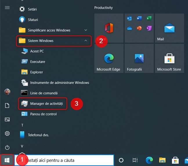 Comanda rapidă pentru Managerul de activități din Meniul Start Windows 10