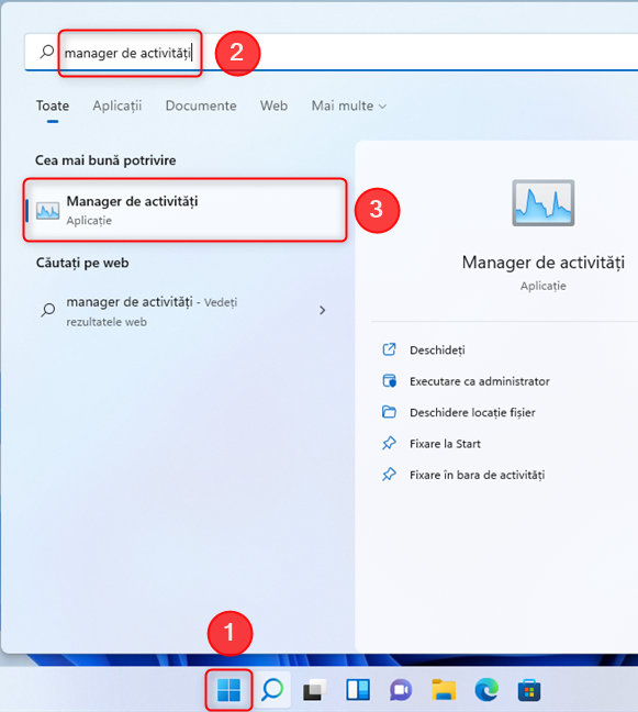 Deschide Manager de activitÄƒÈ›i utilizÃ¢nd funcÈ›ia de cÄƒutare din Windows