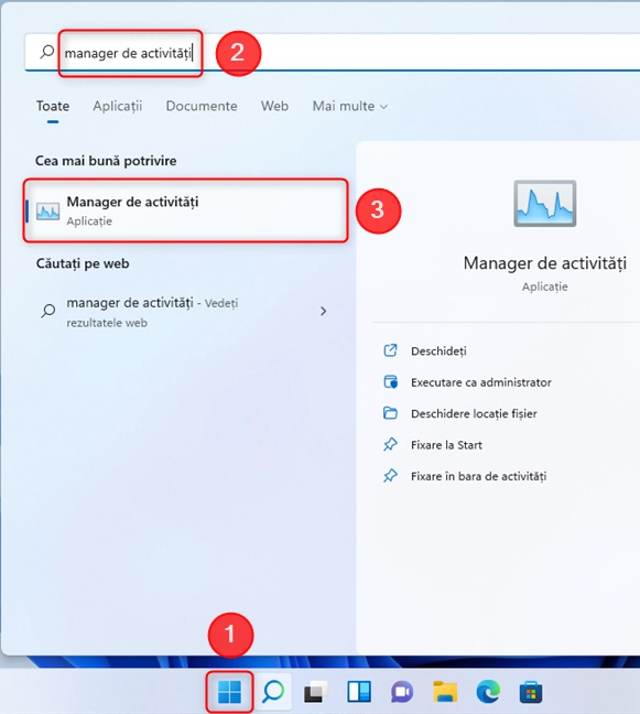 Deschide Manager de activități utilizând funcția de căutare din Windows