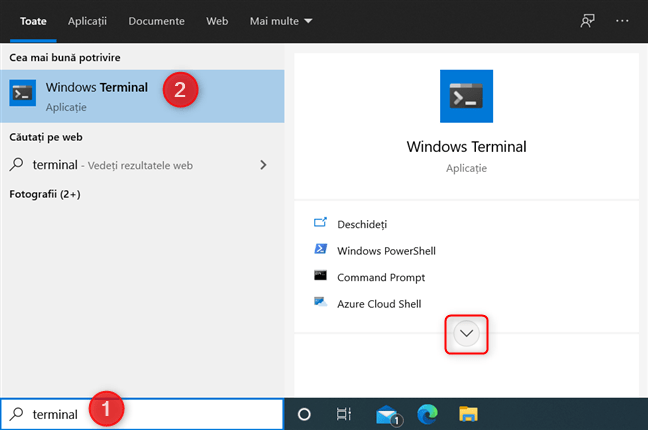 Caută folosind cuvântul terminal în Windows 10