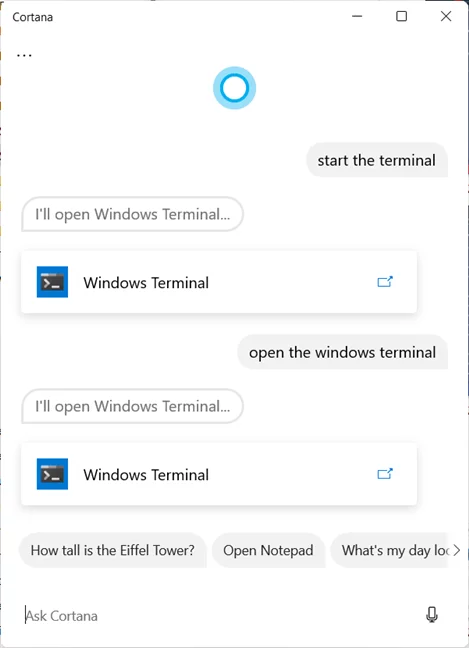 Cortana poate deschide Windows Terminal pentru tine