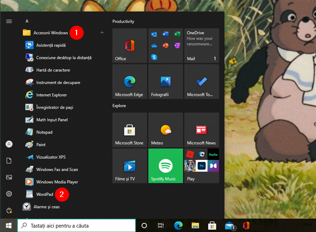 Deschide WordPad Ã®n Windows 10 din Meniul Start