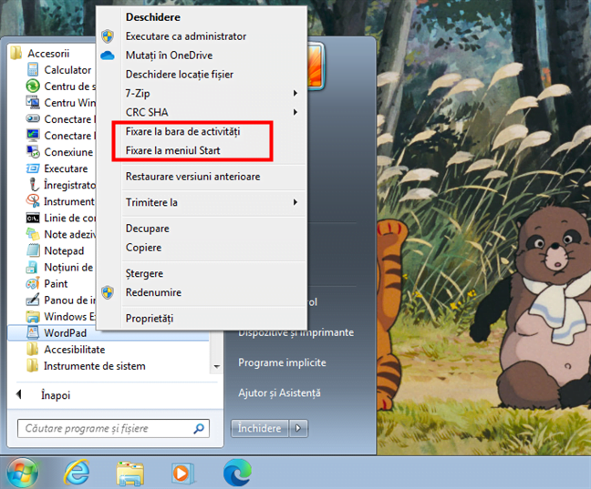 Fixare la bara de activitÄƒÈ›i È™i Fixare la meniul Start pentru WordPad Ã®n Windows 7
