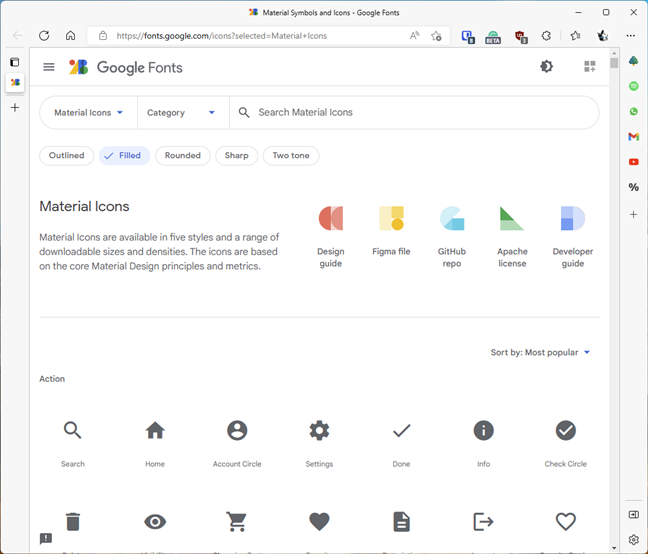Pagina cu pictograme de pe site-ul Google Material Design