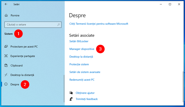 Scurtătura pentru Manager dispozitive în Setările din Windows 10
