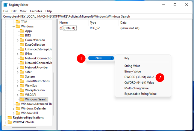 Crearea unei noi chei DWORD Ã®n Windows Search