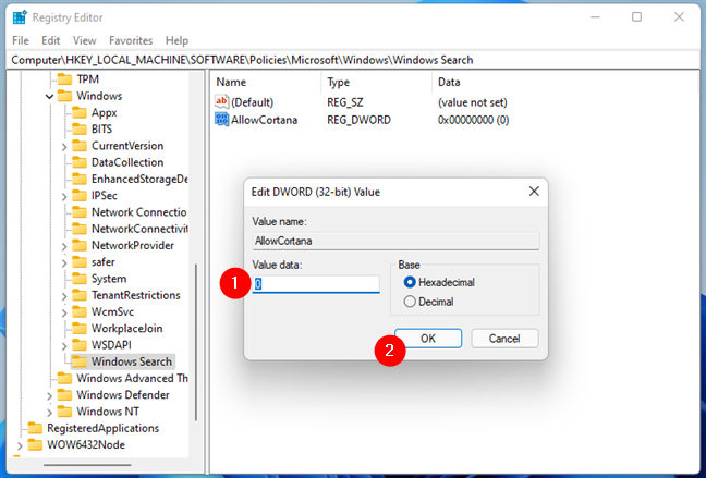 Setarea valorii AllowCortana la zero
