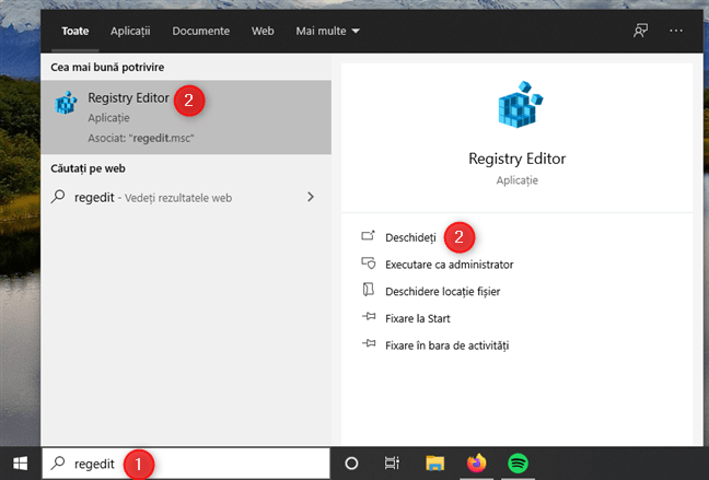 Deschiderea Registry Editor (regedit) folosind căutarea din Windows 10
