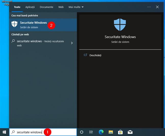 Caută și deschide Securitate Windows în Windows 10