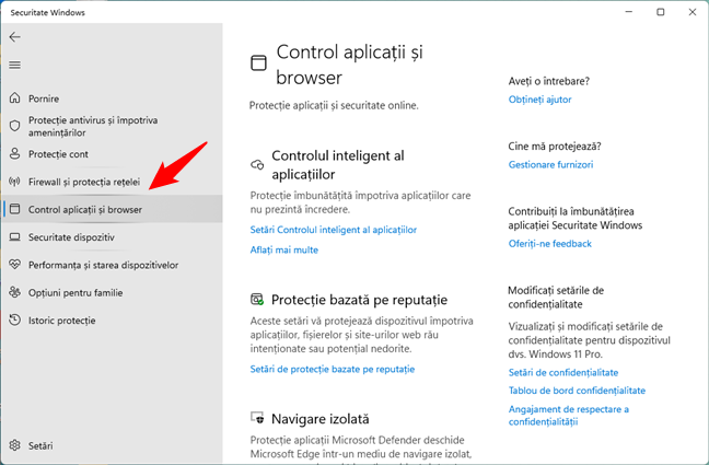 Selectează Control aplicații și browser în Securitate Windows