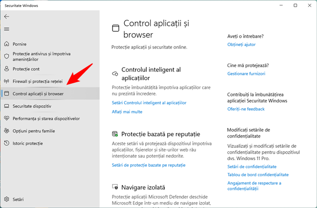 SelecteazÄƒ Control aplicaÈ›ii È™i browser Ã®n Securitate Windows