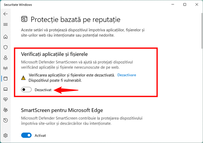 DezactiveazÄƒ opÈ›iunea SmartScreen VerificaÈ›i aplicaÈ›iile È™i fiÈ™ierele