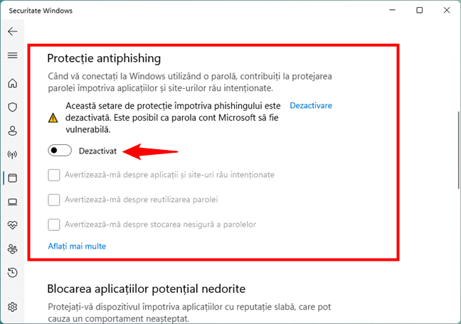 DezactiveazÄ ProtecÈia antiphishing SmartScreen