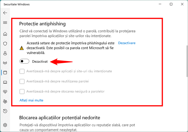 DezactiveazÄƒ ProtecÈ›ia antiphishing SmartScreen