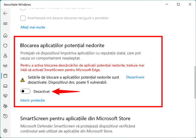 DezactiveazÄ Blocarea aplicaÈiilor potenÈial nedorite a SmartScreen