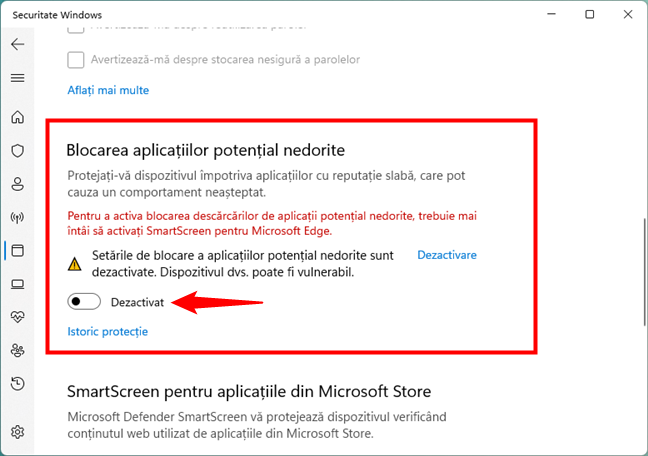 DezactiveazÄƒ Blocarea aplicaÈ›iilor potenÈ›ial nedorite a SmartScreen