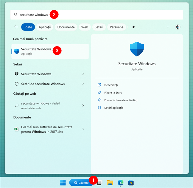 Caută și deschide Securitate Windows în Windows 11
