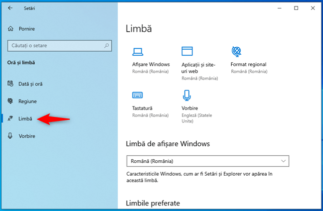 Pagina Limbă din aplicația Setări Windows 10