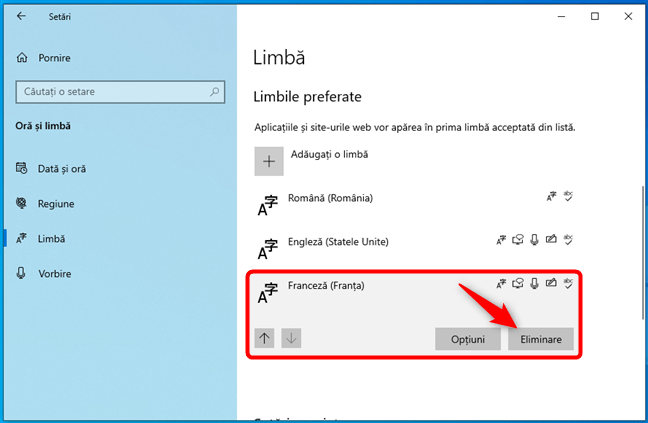 Opțiunea de Eliminare a unei limbi de afișare pentru Windows 10