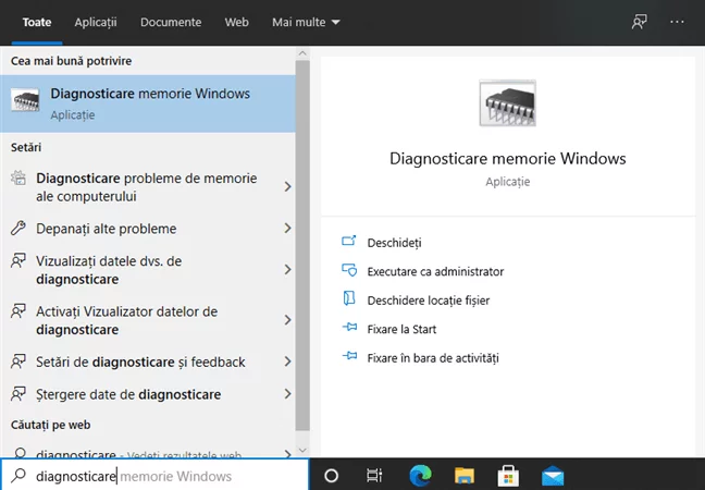 Caută Diagnosticare Memorie Windows