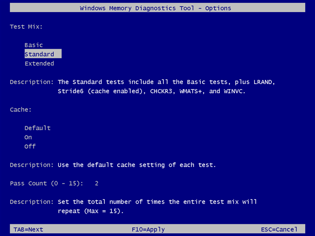 Windows Memory Diagnostic - seteazÄƒ cum vrei sÄƒ funcÈ›ioneze