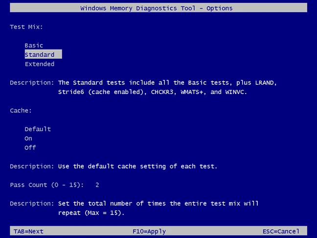 Windows Memory Diagnostic - setează cum vrei să funcționeze