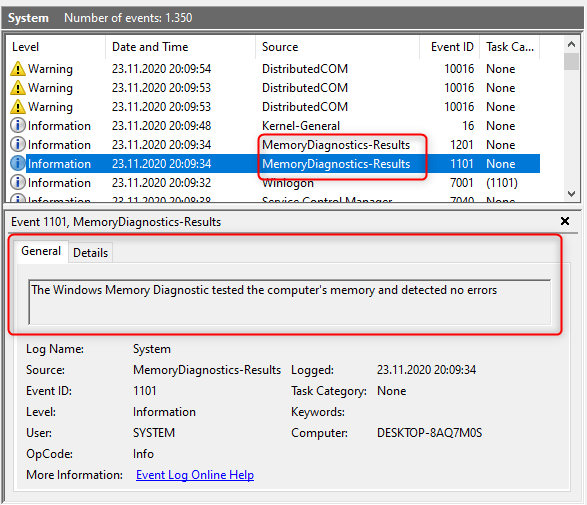 Event Viewer aratÄƒ detalii despre Windows Memory Diagnostic