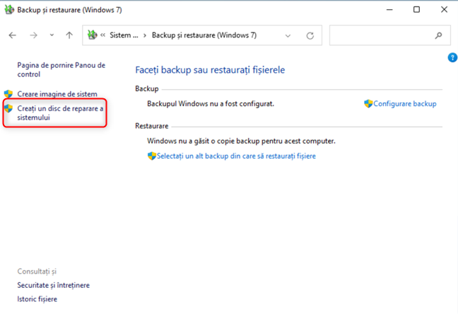 ApasÄƒ pe CreaÈ›i un disc de recuperare a sistemului