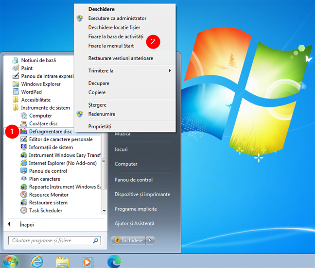 FixeazÄƒ Defragmentare disc la Meniul Start sau la bara de activitÄƒÈ›i Ã®n Windows 7