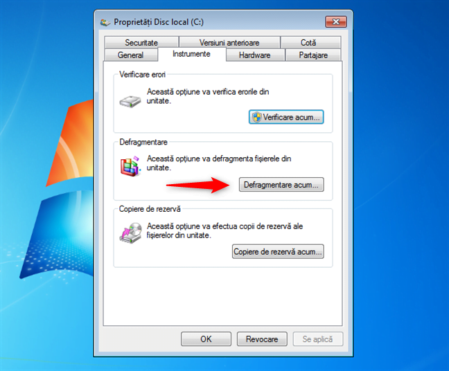 Deschide Defragmentare disc din proprietÄƒÈ›ile partiÈ›iei
