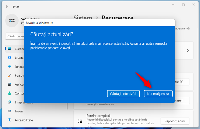 Alege Nu, mulțumesc atunci când Windows 11 te întreabă dacă vrei să cauți actualizări