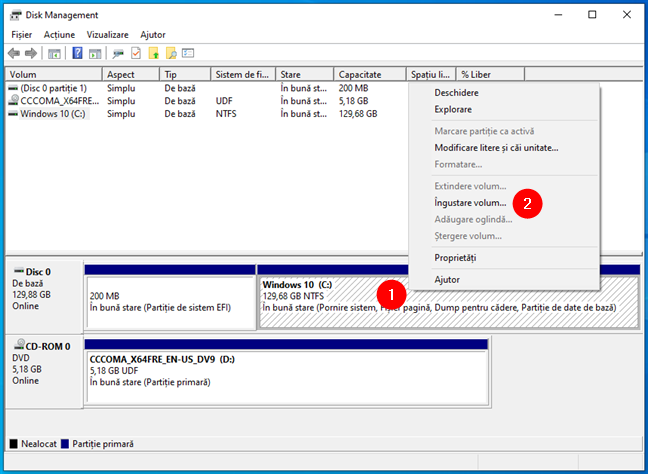 ÃŽngustare volum reduce mÄƒrimea partiÈ›iei cu Windows 10