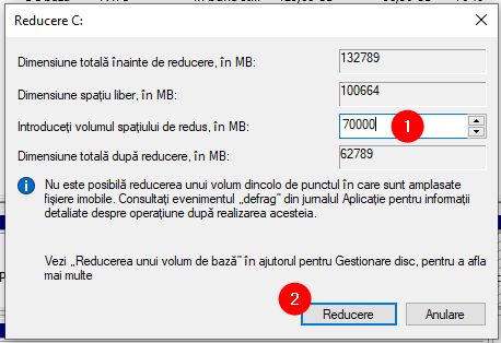 SpecificÄƒ cu cÃ¢t vrei sÄƒ reduci partiÈ›ia Windows 10