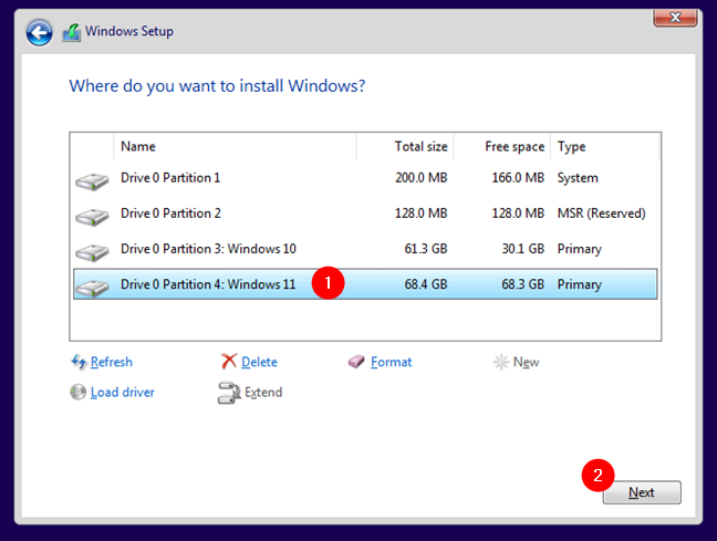 Selectarea partiției Windows 11
