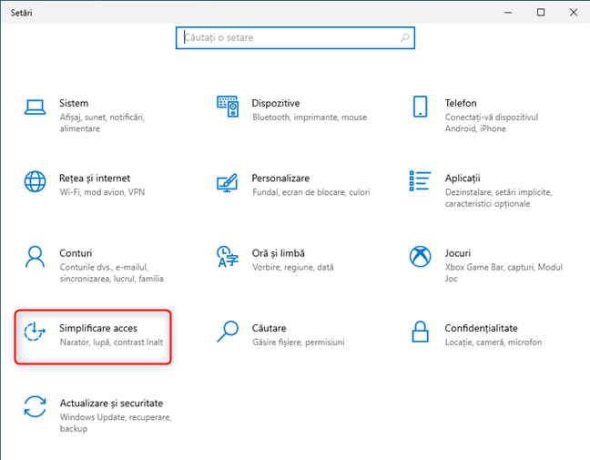 ÃŽn SetÄƒrile Windows 10, mergi la Simplificare acces
