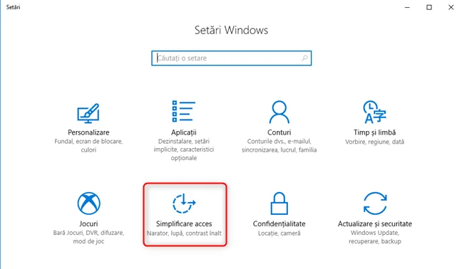 În Setările Windows 10, mergi la Simplificare acces