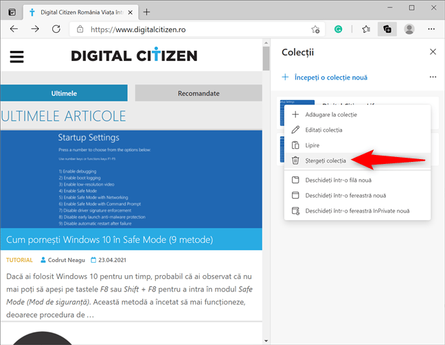 È˜terge o colecÈ›ie din meniul ei contextual