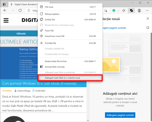 ÃŽncepe o nouÄƒ colecÈ›ie din meniul contextual al filei din Edge