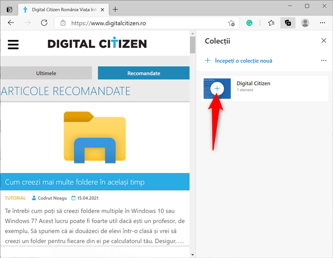 ApasÄƒ pe butonul plus pentru a adÄƒuga pagina curentÄƒ la o colecÈ›ie
