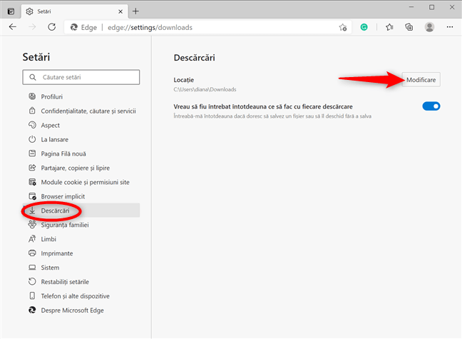 SchimbÄƒ locaÈ›ia implicitÄƒ pentru descÄƒrcÄƒri din Microsoft Edge