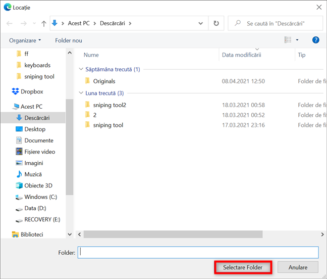 Alege o nouÄƒ locaÈ›ie pentru descÄƒrcÄƒri È™i apasÄƒ pe Selectare Folder