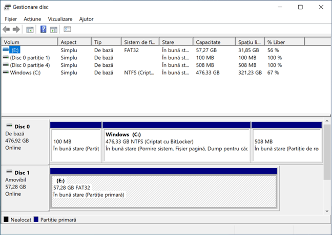 GÄƒseÈ™te unitatea USB Ã®n Gestionare disc
