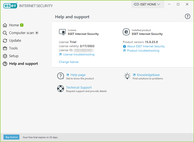 Opțiuni de ajutor și suport disponibile în ESET Internet Security